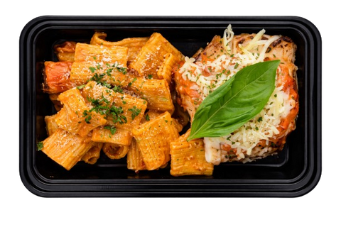 GRILLED CHICKEN PARMESAN WITH SPICY RIGATONI