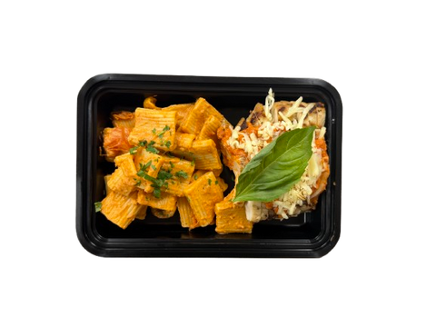 GRILLED CHICKEN PARMESAN WITH SPICY RIGATONI